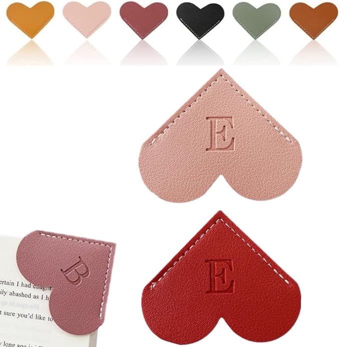 Personalized Leather Heart Bookmark, 26 Letters Customized Corner Book Mark for Reading Women, Book Marker with Initials，Cute Gifts (Red+Light Pink, E)