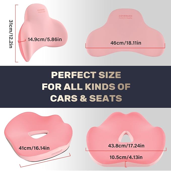 Coverado Seat Cushion and Lumbar Support Pillow for Car Office Chair, Ergonomic Memory Foam Desk Chair Cushion Back Support Pillow, Sciatica & Back & Tailbone Pain Relief Cushion-Pink