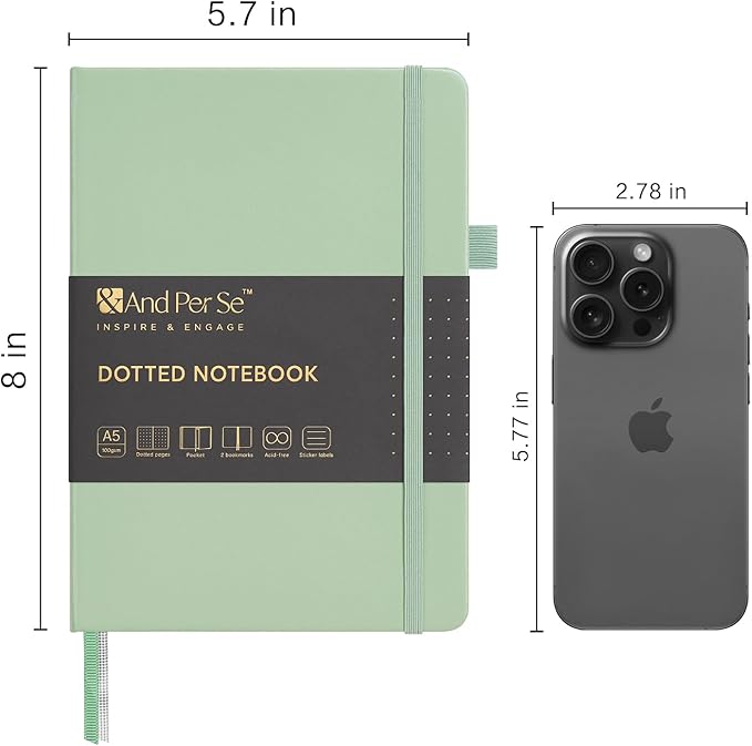 &And Per Se Dotted Journal Notebook, A5 Hardcover Leather Bullet Dotted Journal, 160 Pages 100 gsm Thick Paper, 3 Sheets of Stickers Included- 5.7'' x 8''（Light Green）