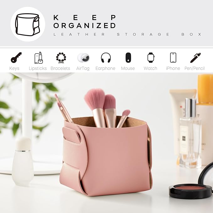 HOMIEAZICOZI 2-Pack Cork Leather Desk Accessories Storage - Pencil Pen Holder - Makeup Brush Holder Organizer - Stylish Addition to Home Decor (Pink)