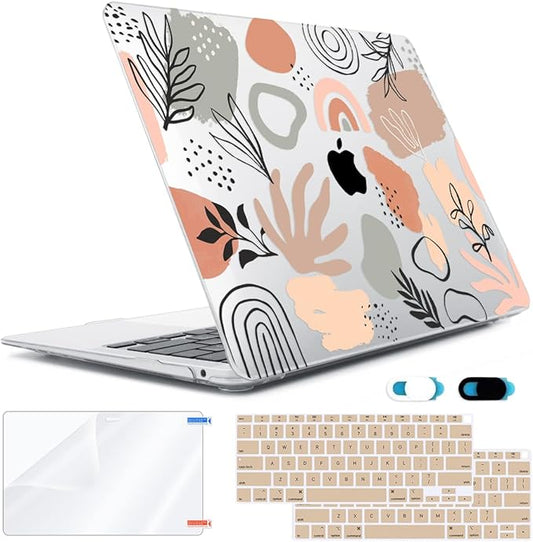 Compatible with MacBook Air 13 inch Case 2022 2021 2020-2018 Release M1 A2337 A2179 A1932 with Touch ID, Hard Print Case + Keyboard Skin + Webcam Cover + Screen Protector, Abstract Plant