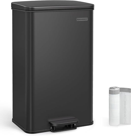 SONGMICS Kitchen Trash Can, 10.5 Gallon (40 L) Garbage Can, Large Step Trash Bin with Lid, Stainless Steel, Soft Close, 15 Trash Bags Included, Black ULTB540B40