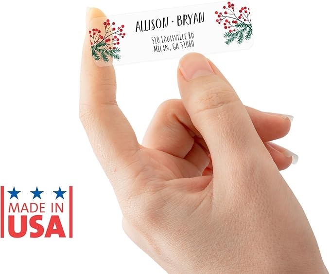 Clear Pine and Holly Rolled Address Labels / 250 Personalized Return Address Labels/Designer Address Stickers in Elegant Plastic Dispenser