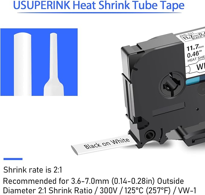 SuperInk 5 Pack Compatible for Brother Ptouch HSe-231 HSe231 HS-231 HS231 0.46 1/2'' 11.7mm Black on White Heat Shrink Tube Label Tape use in PT-D210 PT-D400 PT-E300 PT-E500 PT-P750WVP Label Maker
