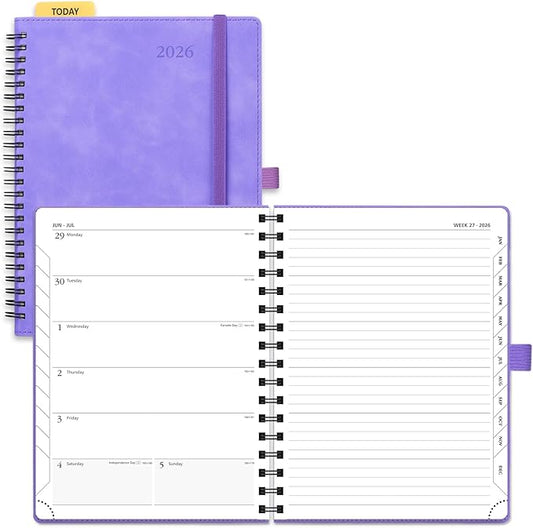 POPRUN 2026 Planner Weekly Notebook (Jan-Dec), Medium 8.5''x 6.5'' - Agenda 2026 Calendar Book with Monthly Tabs, Inner Pocket, Spiral Soft Cover, 100 GSM - Lilac