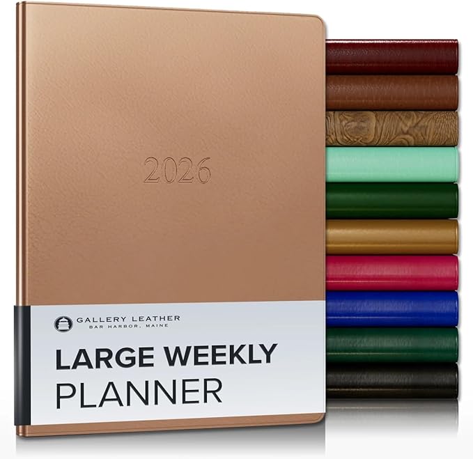 Gallery Leather Large Weekly Monthly Planner 2025-2026, Elegantly Bound Calendar Planner and Notebook with Stylish Gold-Gilded Page Edges, 12 Months - Freeport Metallic Rose Gold - 9.75 x 7.5 "