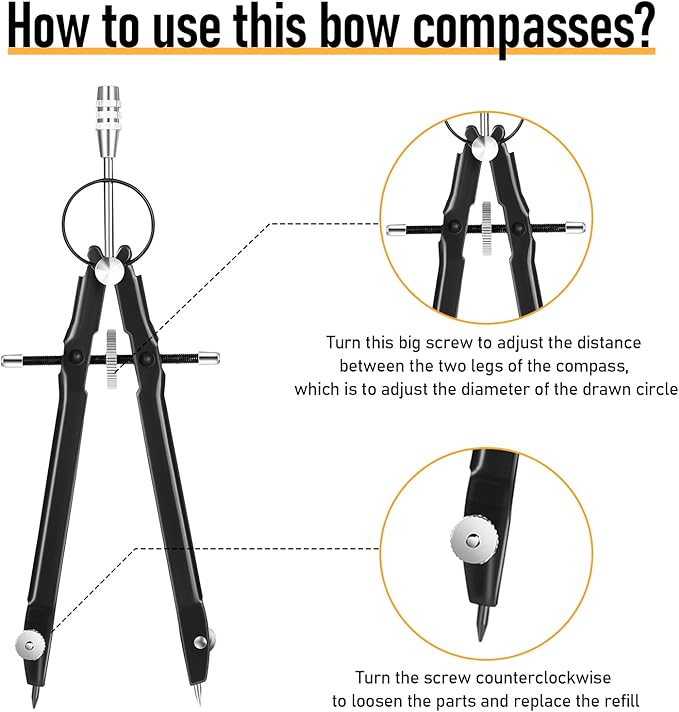 EBOOT Student Geometry Math Set, Drawing Compass and 6 Inch Clear Swing Arm Protractors 180 Degree Math Protractor (Black)