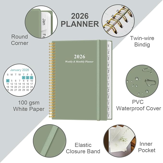 2026 Planner - Planner 2026 from January 2026 to December 2026 with 12 Monthly Tabs, Flexible Cover, Inner Pocket, 8.5" x 11", Green-B