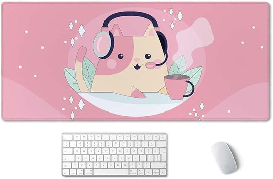 SSOIU Extended Mouse Pad, XXL Gaming Mouse Pads, Large Big Mousepad Laptop Computer Keyboard Mat Desk Pad with Non-Slip Base Stitched Edge for Gaming Office, 35.5 x 15.7 inch, Cute Cat