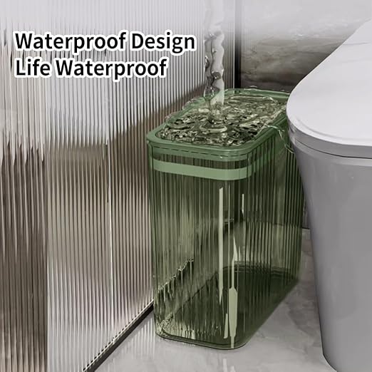 Transparent Trash Can, Bathroom Trash Cans with Lids, 3.5 Gallon Garbage Can for Bedroom, Office, Plastic Slim Waste Basket with Press Top Lid, 15L Clear Trash Bin for Home, Kitchen (Green)