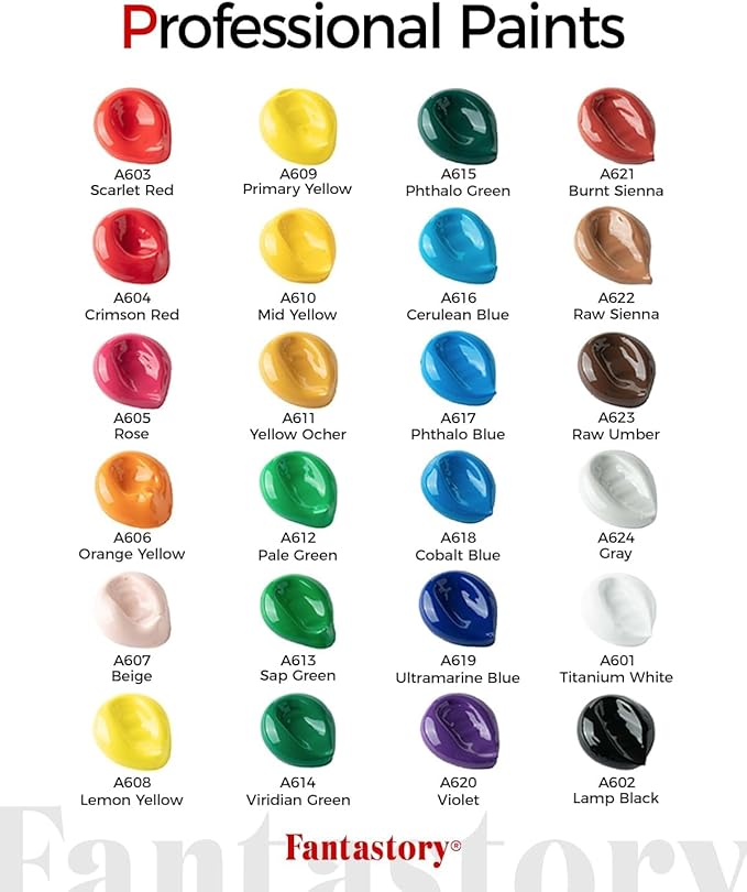 Fantastory Acrylic Paint Set 24 Classic Colors(2oz /60ml) with 12 Brushes, Professional Craft Thick Paints Kits for Adults, Canvas Wood Fabric Ceramic Rock Painting Supplies [Professional Series]