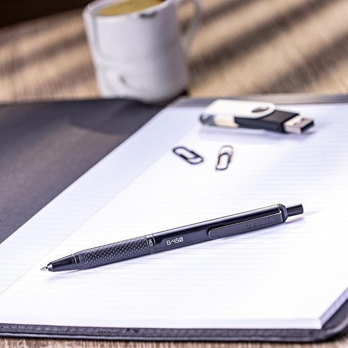 Zebra Pen G-450 Gel Pen 1-Pack, Black Ink, 0.7mm Medium Point, Black Brass Barrel, Textured Rubber Grip, Secure Metal Clip, Refillable (49511)