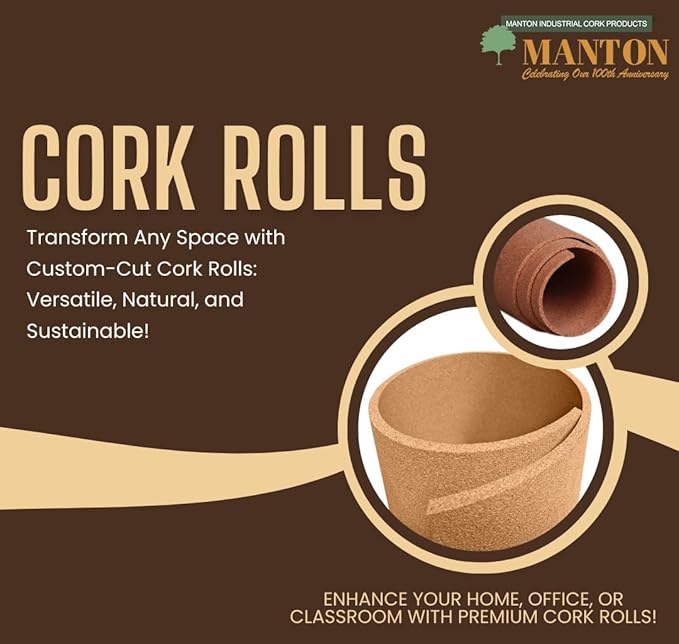 Manton Cork Premium Cork Roll - 4' x 10' x 1/2", 100% Natural Facing Grade Material for Bulletin Boards, Decorative Photo and Message Push Pin Displays - Perfect for Home, School, and Office