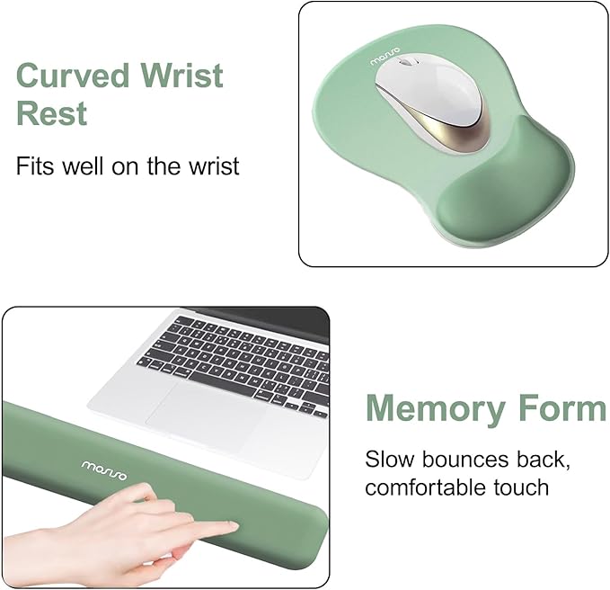 MOSISO Wrist Rest Support for Mouse Pad&Keyboard Set, Ergonomic Mousepad with Concave Curved Memory Foam, Non-Slip Base Pain Relief Comfortable Rectangular Easy Typing Pad for Home/Office, Green