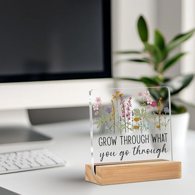 Inspirational Gifts for Women Acrylic Sign Decor Motivational Quote Home Office Table Decor Flores Acrylic Plaque, Shelf Cubicle Desktop Art Flowers Decoration Encouragement Gifts for Friend Colleague