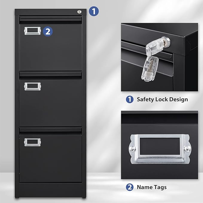 3-Drawer File Cabinet, Locking Metal Vertical File Storage for Home Office, Black, 15" W x 17.7" D x 38.6" H