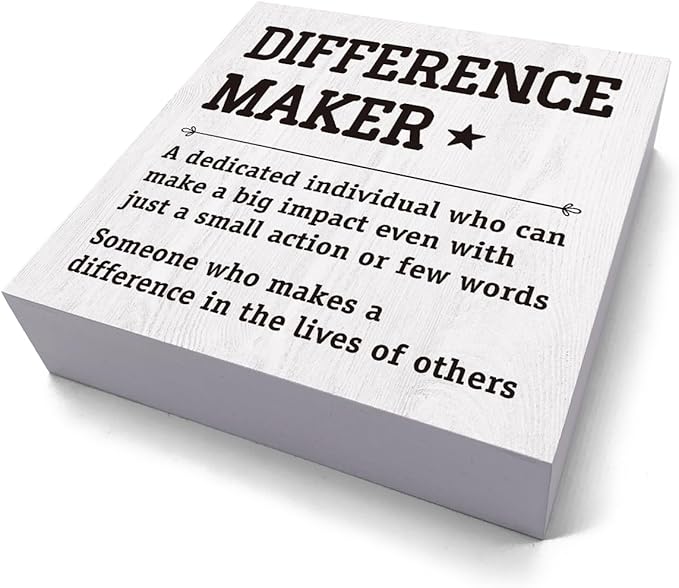 HTBIG Difference Maker Thank You Gifts Office Decor Funny Inspirational Desk Decor Coworker Gifts for Women Men Teacher Boss Day Retirement Rustic Wooden Box Sign for Tabletop Office Bookshelf White