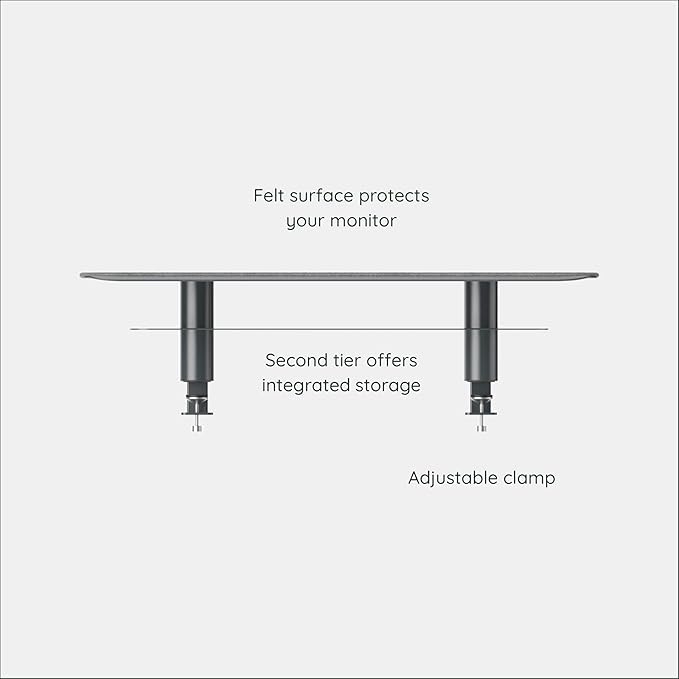 Branch Monitor Stand - Elegant, Durable Powder-Coated Steel Stand with Soft Felt Liner - Small Monitor Riser Second Tier Storage - Installs with a Universal Clamp for Ergonomic Workspace - Charcoal