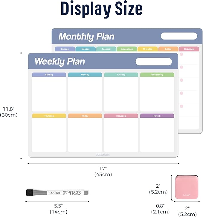 Loukin 17"x11.8" Dry Erase Calendar Set (Monthly+Weekly), Electrostatic Adsorption Whiteboard Planners, Reusable Schedule for Refrigerator, Clings to Any Shiny Surface, 6 Markers & 1 Eraser Included