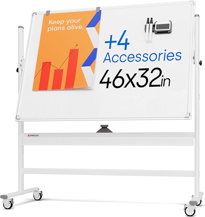 Rolling Dry Erase Board 46 x 32 - Large Portable Magnetic Whiteboard with Stand - Double Sided Easel Style with Wheels - Mobile Standing Whiteboard for Office, Classroom & Home