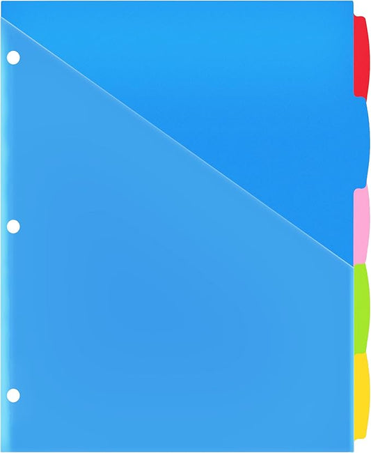 WOT I Durable 5-Tab Binder Dividers with Clear Pocket - 1 Set, Reusable Plastic Dividers for 3 Ring Binder, 5 Vibrant Colors