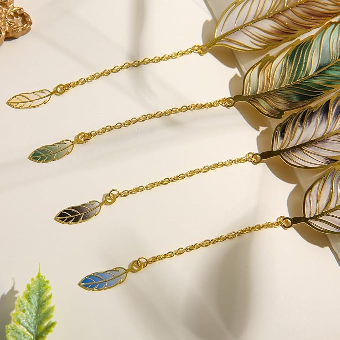 4pcs Metal Feather Bookmarks with Pendant Elegant Bookmark Set for Book Lovers, Writers, Readers Durable Book Markers with English Inscriptions Unique Gifts for Men, Women