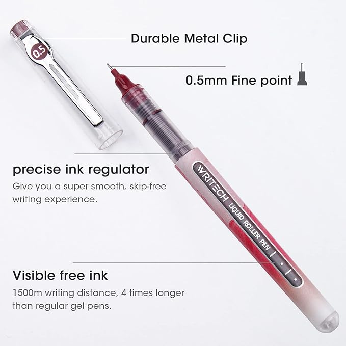 WRITECH Liquid Ink Rollerball Pens: Multi Colored 0.5mm Extra Fine Point Tip Rolling Roller Ball Pen 8ct Assorted Colors for Journaling Smooth Writing Note Taking No Bleed & Smudge & Smear