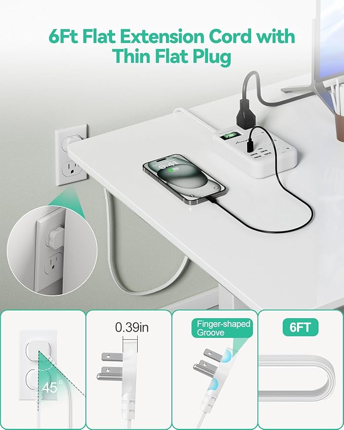 Alitayee 6 USB(2 USB C) Surge Protector Power Strip- Travel Power Strip with 24W USB Charging Station and 4 Extendable Outlet Extender, 6Ft Flat Extension Cord with Wall Mounted for Travel Home Dorm