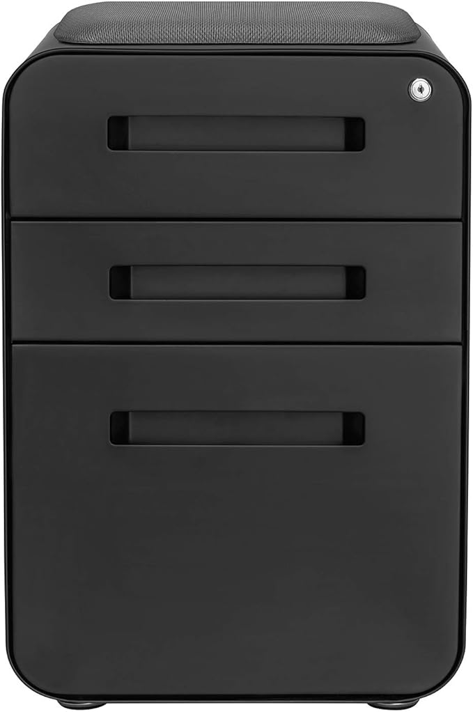 Laura Davidson Furniture STOCKPILE Curve Seated 3-Drawer Mobile File Cabinet with Removable Magnetic Cushion Seat - Metal Filing Cabinet, Pre-Assembled, Black with Dark Grey Cushion