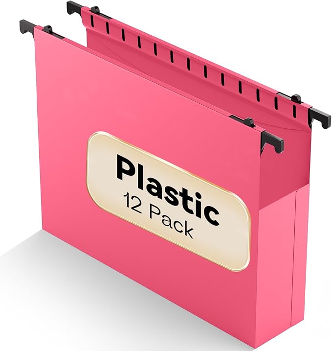 Plastic Hanging File Folders Expanding,12 Pack Extra Capacity Hanging File Folder Letter Size,2 Inch Expansion Heavy Duty Folders,Adjustable Tabs,Pink Hanging Folders Designed for Bulky Files