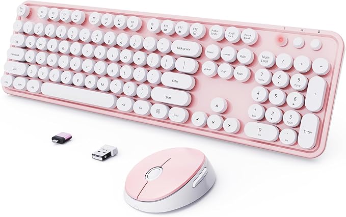 Wireless Keyboard and Mouse Combo, Ergonomic Full Size Typewriter Retro Round Keycaps Keyboard, Compatible with Windows, PC, Perfer for Home and Office Keyboards (Lovely Pink)
