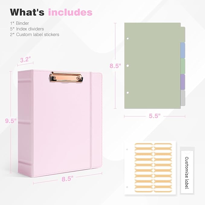 Ospelelf Mini 3 Ring Binder 5.5" x 8.5", 2 Inch Clipboard Binder with Dividers, Professional Leather Binders Organizer for Office, School, Pink