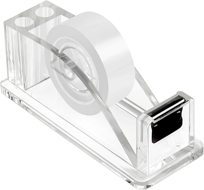 QILIMA Transparent Acrylic Tape Dispenser, Clear Tapes and Refillable Dispensers, Desktop Tape Dispenser Acrylic for Home,Tape Cutter Holder Fits Standard Tape Rolls, Office and School