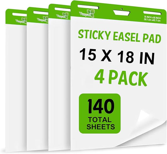 Sticky Easel Pad 15 in x 18 in, 35 Sheets/Pad, 4 Pads/Pack, 140 Sheets， Large White Sticky Easel Paper for Office and Classrooms, Flip Chart Paper for Teachers，Super Sticking Power & Bleed-Resistant