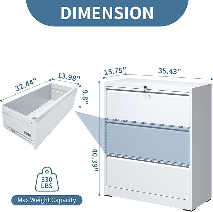 AQY 3 Drawer File Cabinet with Lock,Metal Lateral File Cabinets for Home Office,Steel Wide Filing Organization Storage Cabinets for Hanging Files Letter/Legal/F4/A4 Size Assembly Required(White)