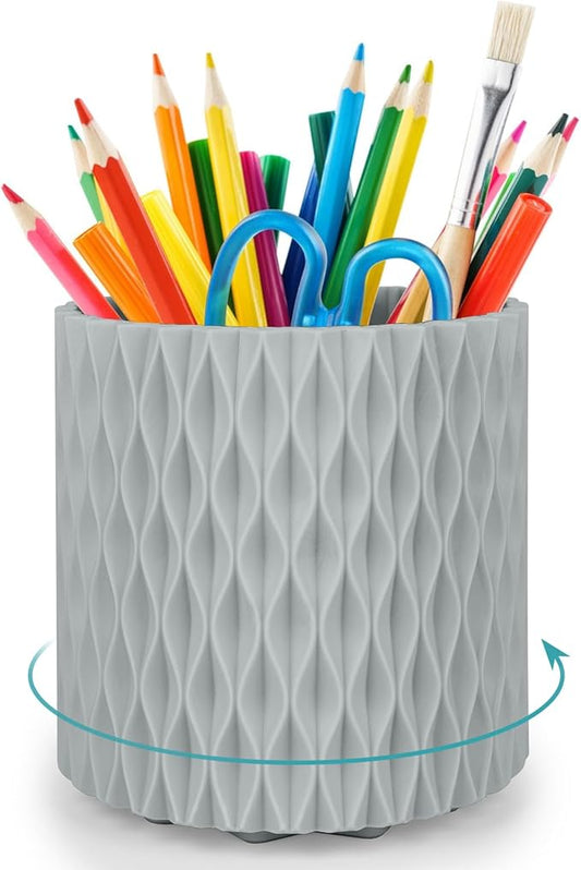 Grey Pen Holder for Desk, 360 Degree Rotating Desk Organizer with 5 Compartments, Pen Pencil Makeup Brush Holder, Cosmetics Lipsticks Pen Organizer for Home Office School