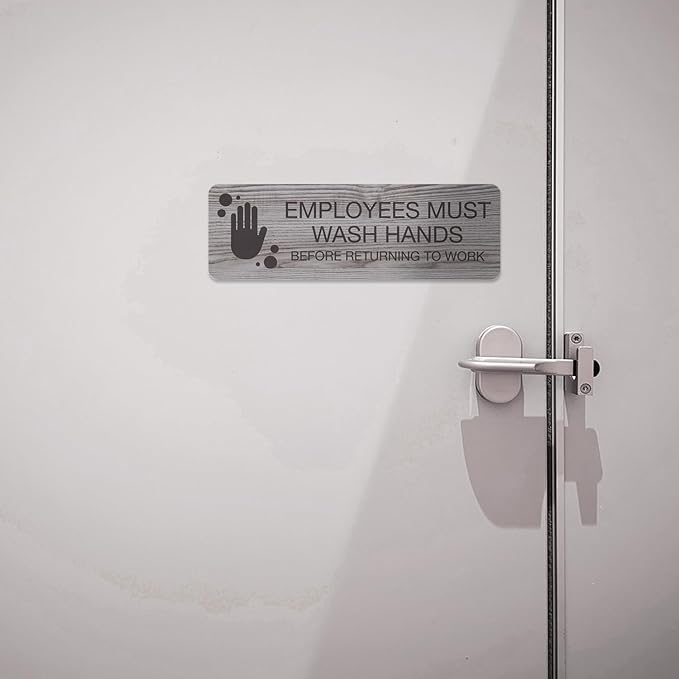 SBLABELS Employees Must Wash Hands Indoor Easy Adhesive Mount Door and Wall Sign for Restaurants and Small Businesses 3" x 9" - Ash Grey