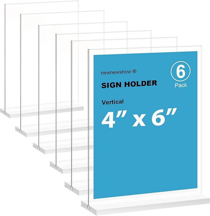 newnewshow 4x6 Inch Clear Acrylic Sign Holder, Display Stand, Plastic Card Holder for Business, Office, Retail (4x6 Inch 6 Pack)