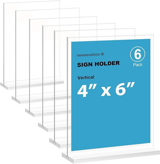 newnewshow 4x6 Inch Clear Acrylic Sign Holder, Display Stand, Plastic Card Holder for Business, Office, Retail (4x6 Inch 6 Pack)