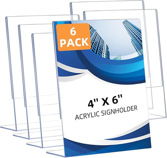 6 Pack Slanted Back Acrylic Sign Holders 4x6 for Business & Store, Tabletop Vertical Sign Holder with Anti-Slip Pads Clear Display Stand, for Menus Flyers Documents Office Restaurants Party Decoration
