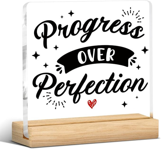 Motivational Office Desk Sign, Positive Office Decor, Inspirational Progress Over Perfection Sign for Office Decor, with Wooden Stand Gift