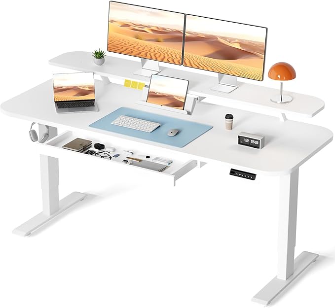COMHOMA Electric Standing Desk with Drawers, 55 x 24 Inch Sit Stand up Desk with Monitor Stand, Laptop Stand, Height Adjustable Ergonomic Home Office Computer Desks with Memory Preset Controller