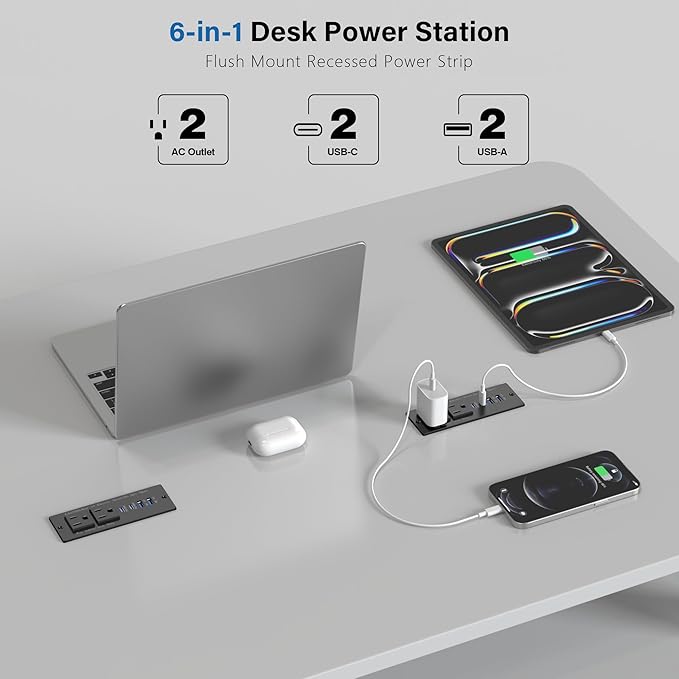 Recessed Power Strip Fast Charging Station 2 PD 65W USB C, Flush Mount Countertop Drawer Outlet, Furniture Hidden Charging Station for Side Table, End Table,2 AC Outlets (Black, 6 FT Cable)