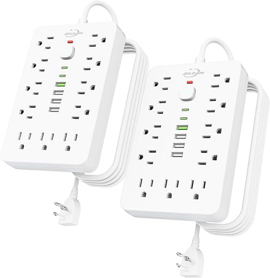 2 Pack 6 FT Flat Plug Surge Protector Power Strip,11 Multiple AC Outlets with 6 USB Ports (2 USB C), 6 Feet Extension Cord, 1250W/10A, One Touch Switch Button, 17 in 1 Compact powerstrip