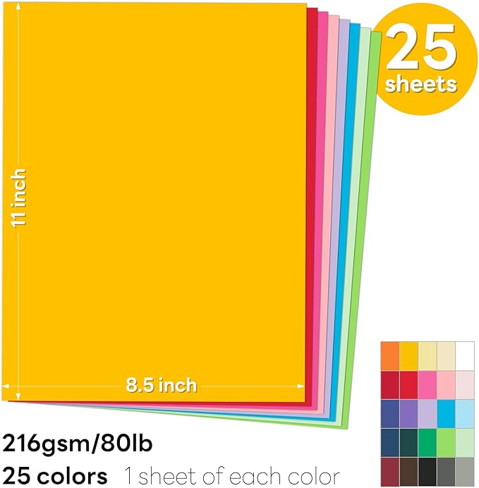 Colored Card Stock 8.5 x 11 Assorted, Goefun Colored Cardstock 25 Colors, 80lb Colorful Printer Paper, Multicolor Construction Paper for Crafts & Scrapbooking