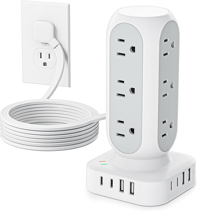 Tower Power Strip with Surge Protection, Flat Plug Outlet Extender with 12 AC Outlets & 8 USB Ports, 5 FT Extension Cord with Multiple Outlets, 24W Total Charging Station for Home Office Dorm Room
