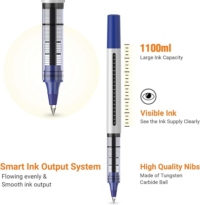 16 Pack Fine Point Smooth Writing Pens, Rollerball Pens 0.5mm Blue Liquid Gel Ink Pens Set for Writing, Taking Notes, Office, Journaling, School Supplies