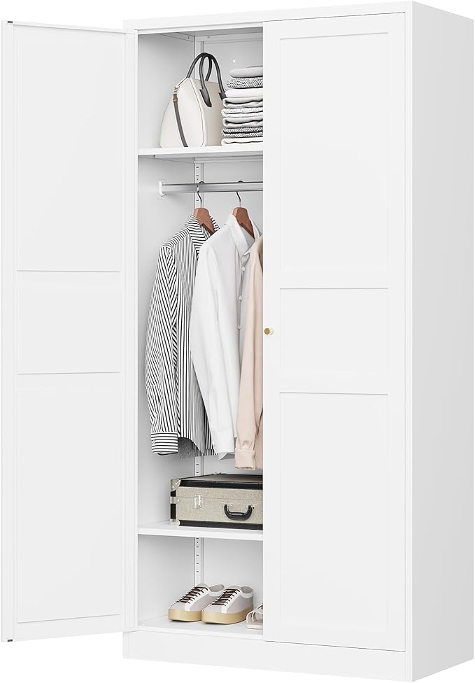MIIIKO Wardrobe Closet with 2 Doors, 72" Metal Clothing Storage Cabinets with Hanging Rod, Bedroom Armoires Laundry Room and Office Clothes Storage Organizer Cabinets