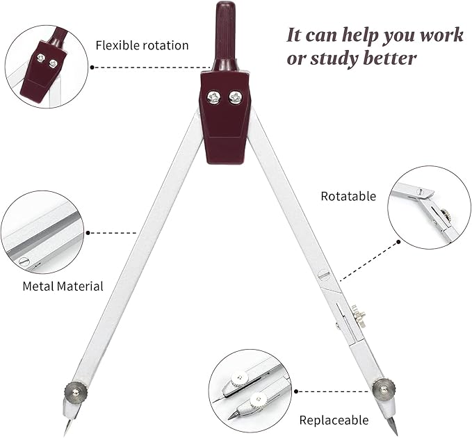 Drawing 9Pc Geometry Set Metal Compass, Geometry Precision Tool for Student, Circle Drawing Tool and Architecture, Drafting Kits for Engineer with Shatterproof Storage Box (Red)