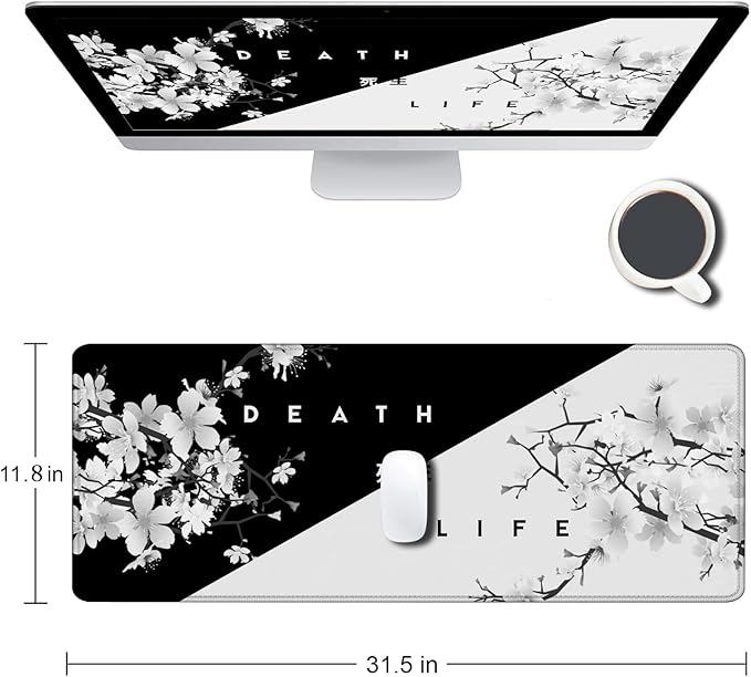 Gaming Mouse Pad, Large Mouse Pads for Desk, Non-Slip Rubber Base Mousepad, Keyboard Mouse Mat Desk Pad with Stitched Edges, 31.5x11.8 inch Sakura Death Life Floral